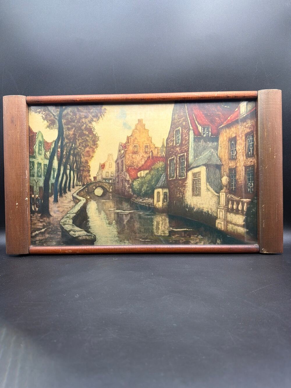 VTG Belgian Canal Scene Glass Serving Tray Wood Mid Century Bruges 18.5x11